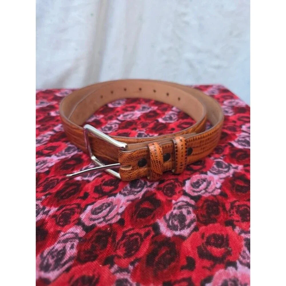 Italian Calfskin Leather Belt Size 34 Cognac Brown Embossed Solid Brass Buckle